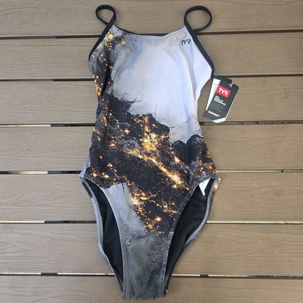 TYR Women's Durafast Black/grey Pyrite Cutoutfit One Piece Swimsuit Size 28 New